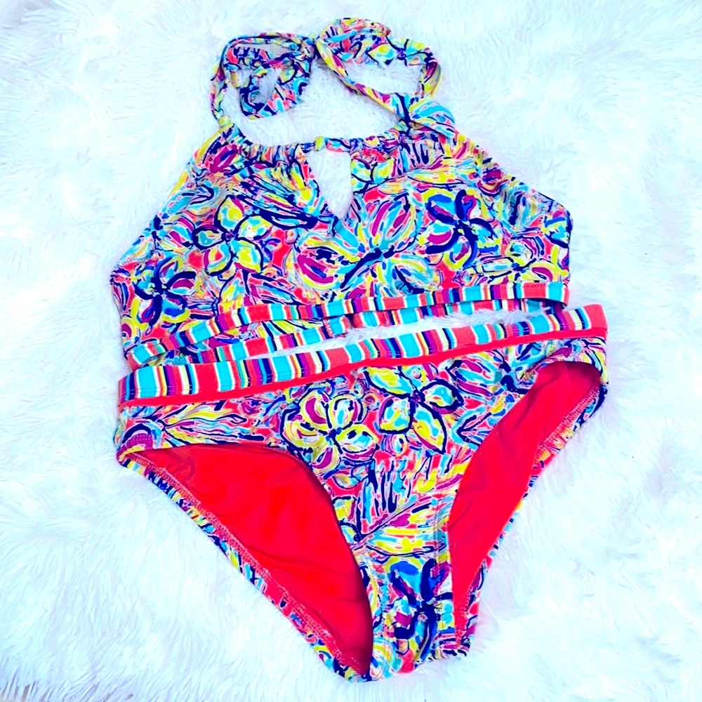Social Angel Blue Orange Floral Bikini Swimsuit Set Size X-Small